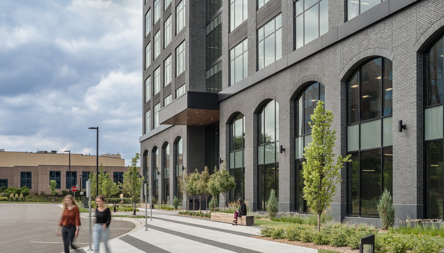 exterior view of 10 west end with architectural precast thin brick arches