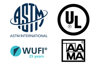 ASTM, UL, WUFI, AAMA logos