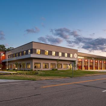 exterior photo of Maplewood's North Fire Station at sunset
