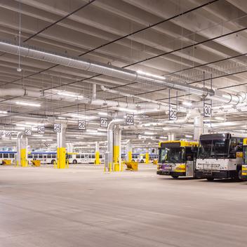 interior of minneapolis bus garage with buses
