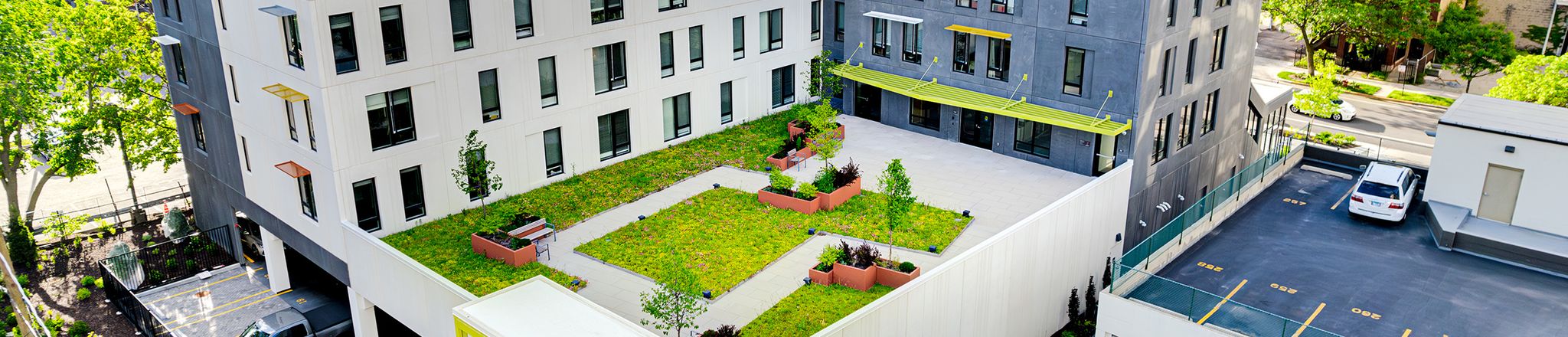 aerial view of stephens commons with rooftop terrace